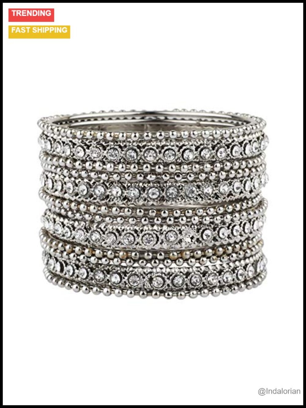Oxidized Silver Tone Crystal Bangle Set 12 Piece Ethnic Statement Jewelry